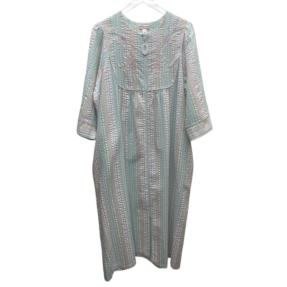 Miss Elaine Maxi-Length Seersucker Pastel Stripe Full Zip Robe Size XL